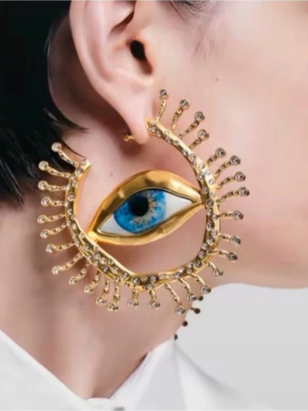 Lily Luxe - Gold tone Eye Hoop Earrings with Blue Center - Women Jewelry